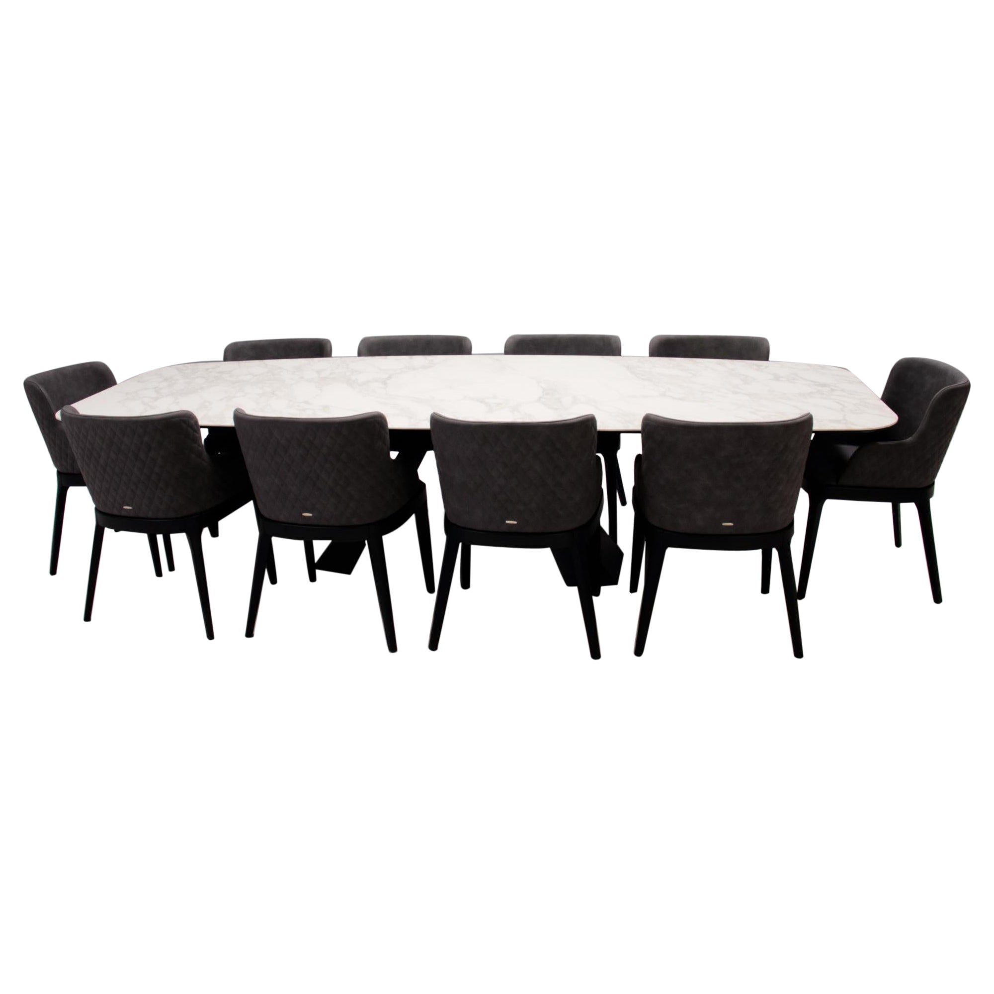 Cattelan Italia Eliot Calacatta Matt Dining Table and 10 Grey Leather Chairs Set