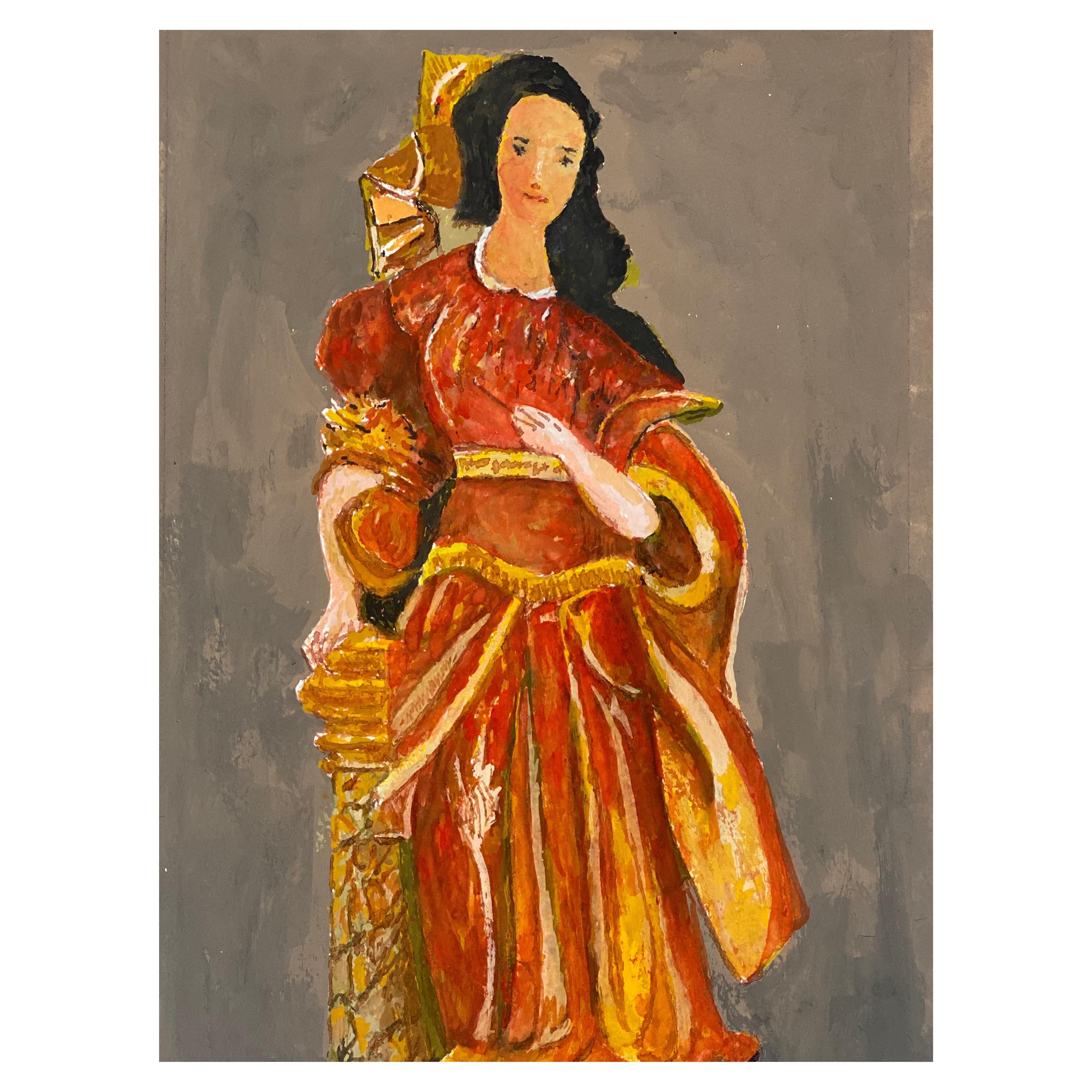 Französisches modernistisches/ kubistisches Gemälde der 1950er Jahre - Dame in lebhaftem Rot und Orange Kleid