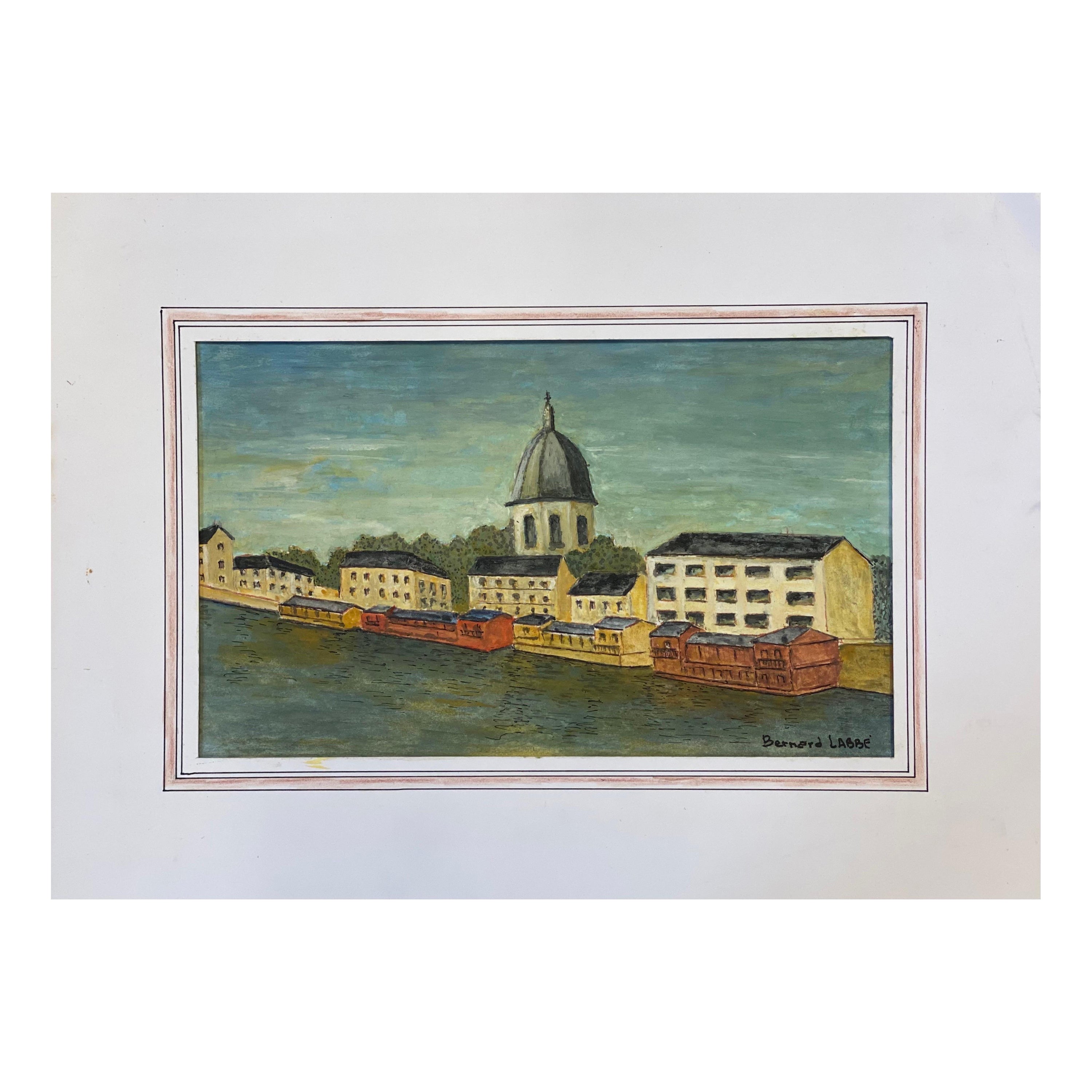 Peinture moderniste/ cubiste française des années 1950, paysage français par la rivière