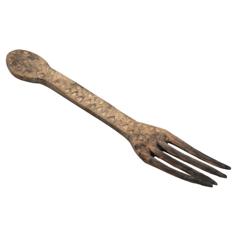 Traditional Wooden Pastoral Primitive Hand Carved Fork For Sale