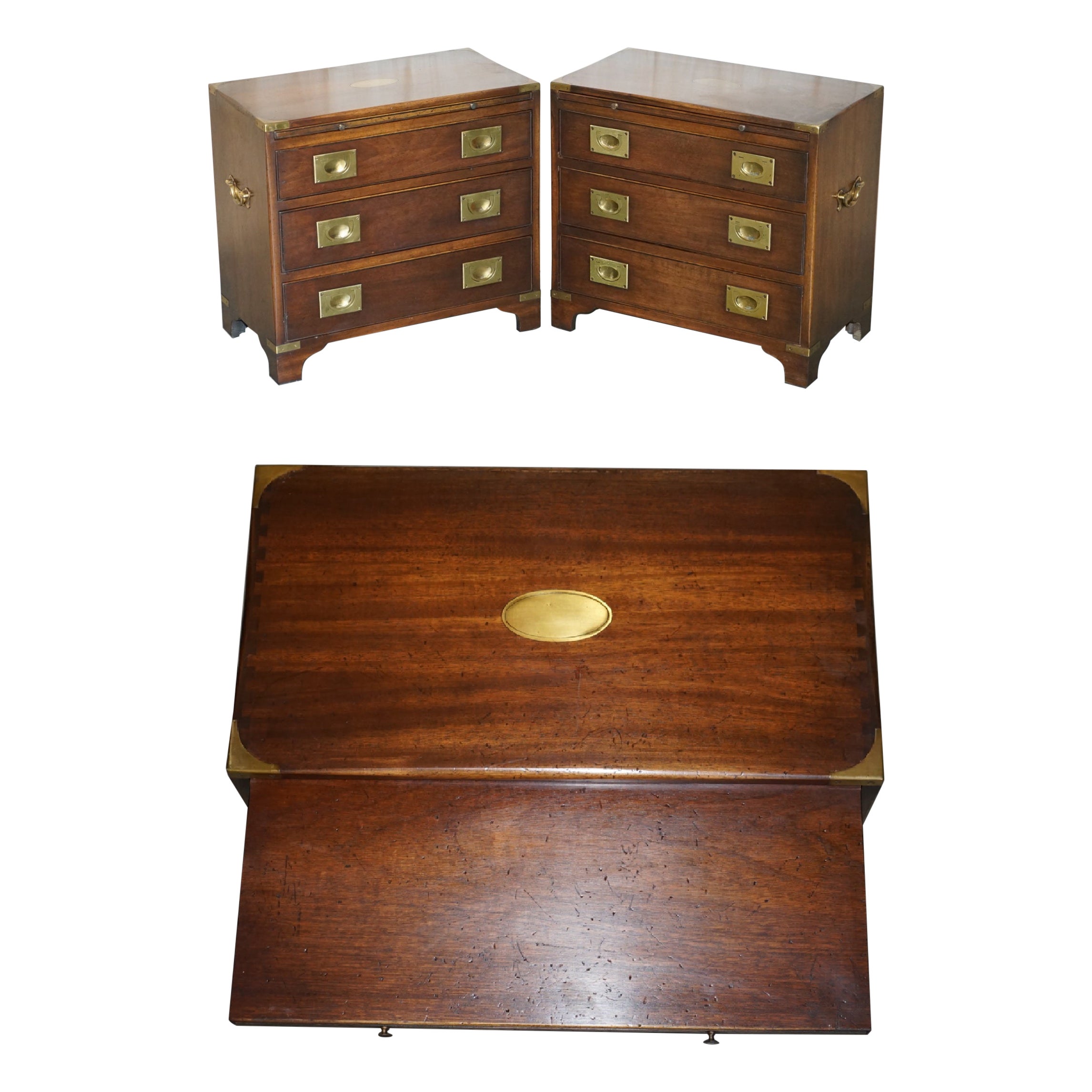 Pair of Harrods Kennedy Military Campaign Bachelors Chest of Drawers Side Tables