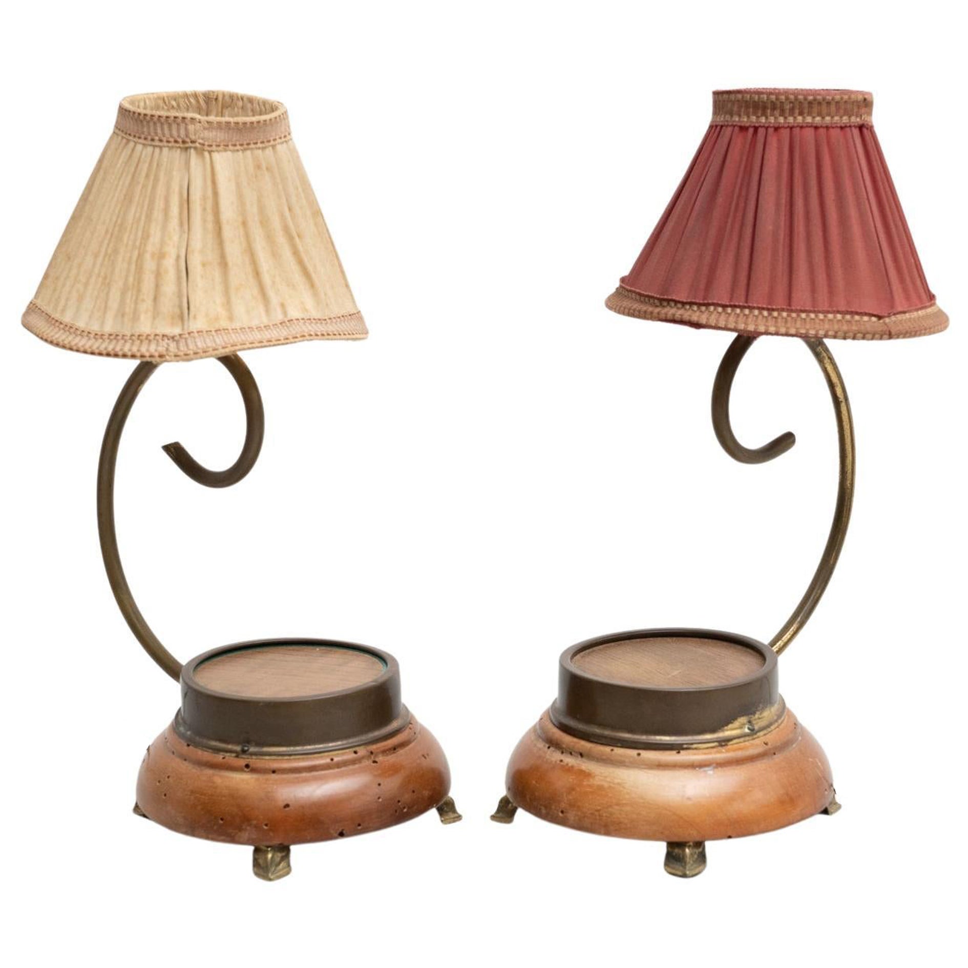 Set of Two Early 20th Century Metal and Wood Table Lamp For Sale