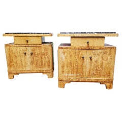 Pair of Mid-20th Century Art Deco Marble Top Birdseye Maple Bedside End Tables