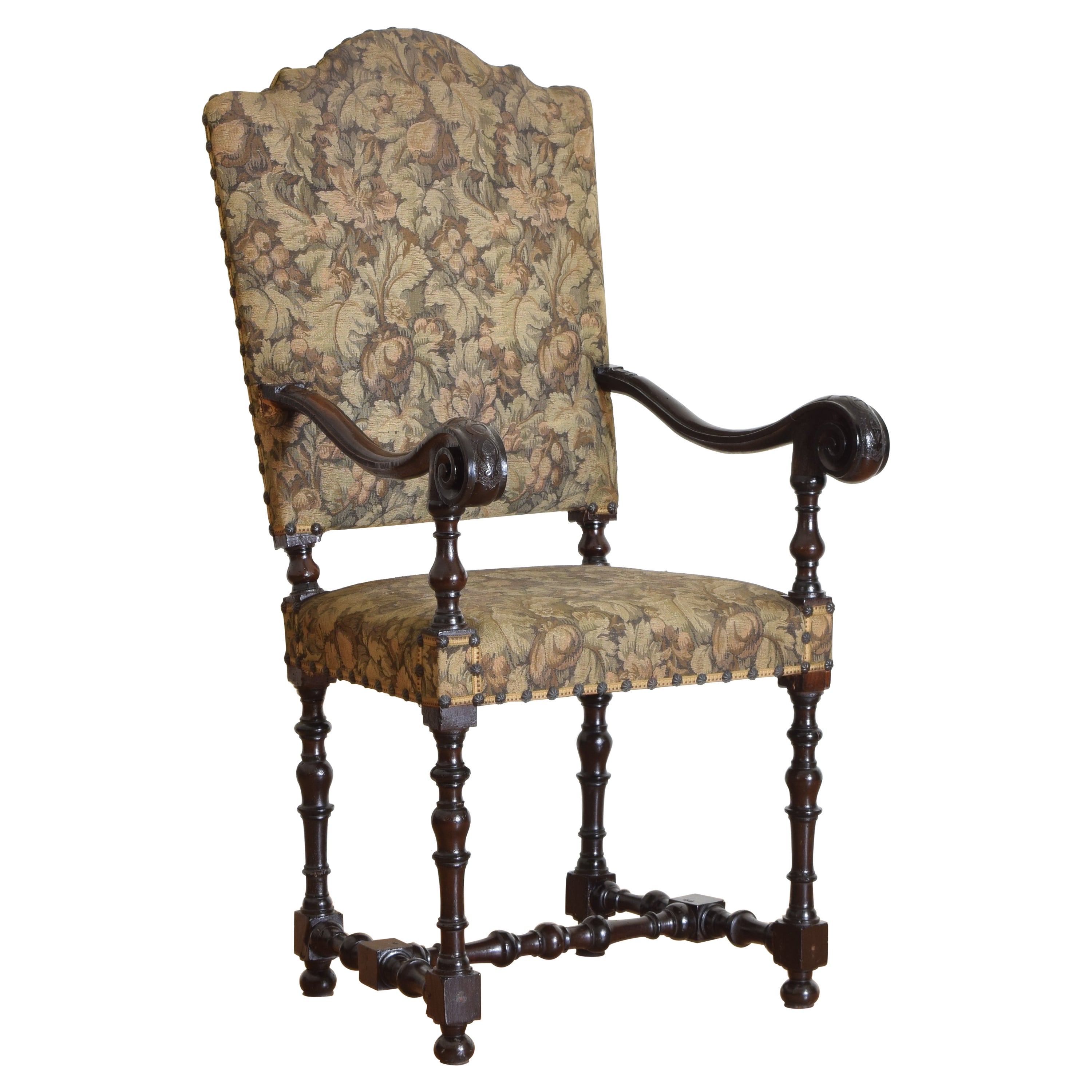 Italian, Emiliana, Baroque Large Carved & Shaped Walnut Open Armchair, ca. 1680 For Sale