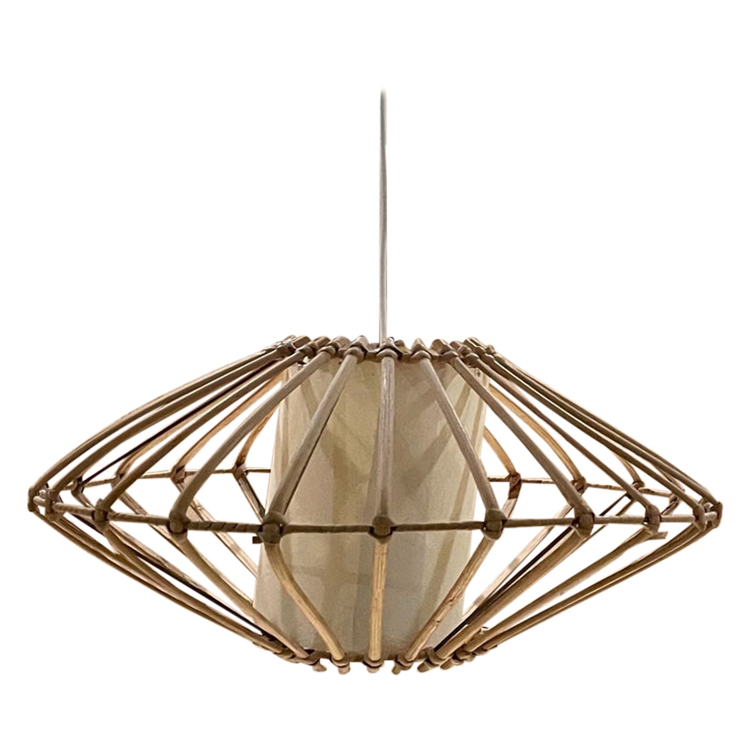 Style of Louis Sognot French Rattan Pendant Lamp 1960s Modern Chandelier
