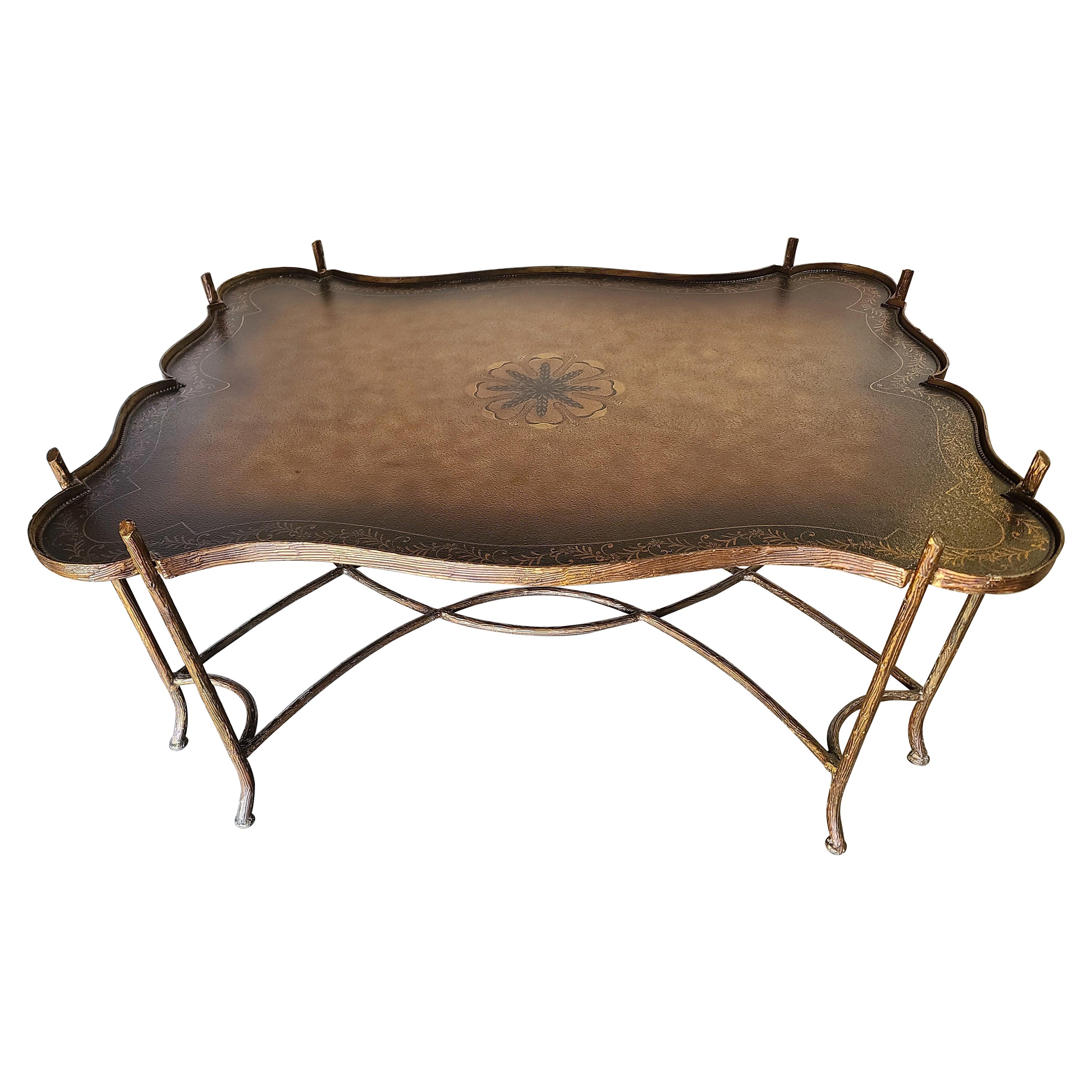 Maitland Smith Gilded Iron Faux Bois Tray Top Statement Tole Cocktail Table For Sale