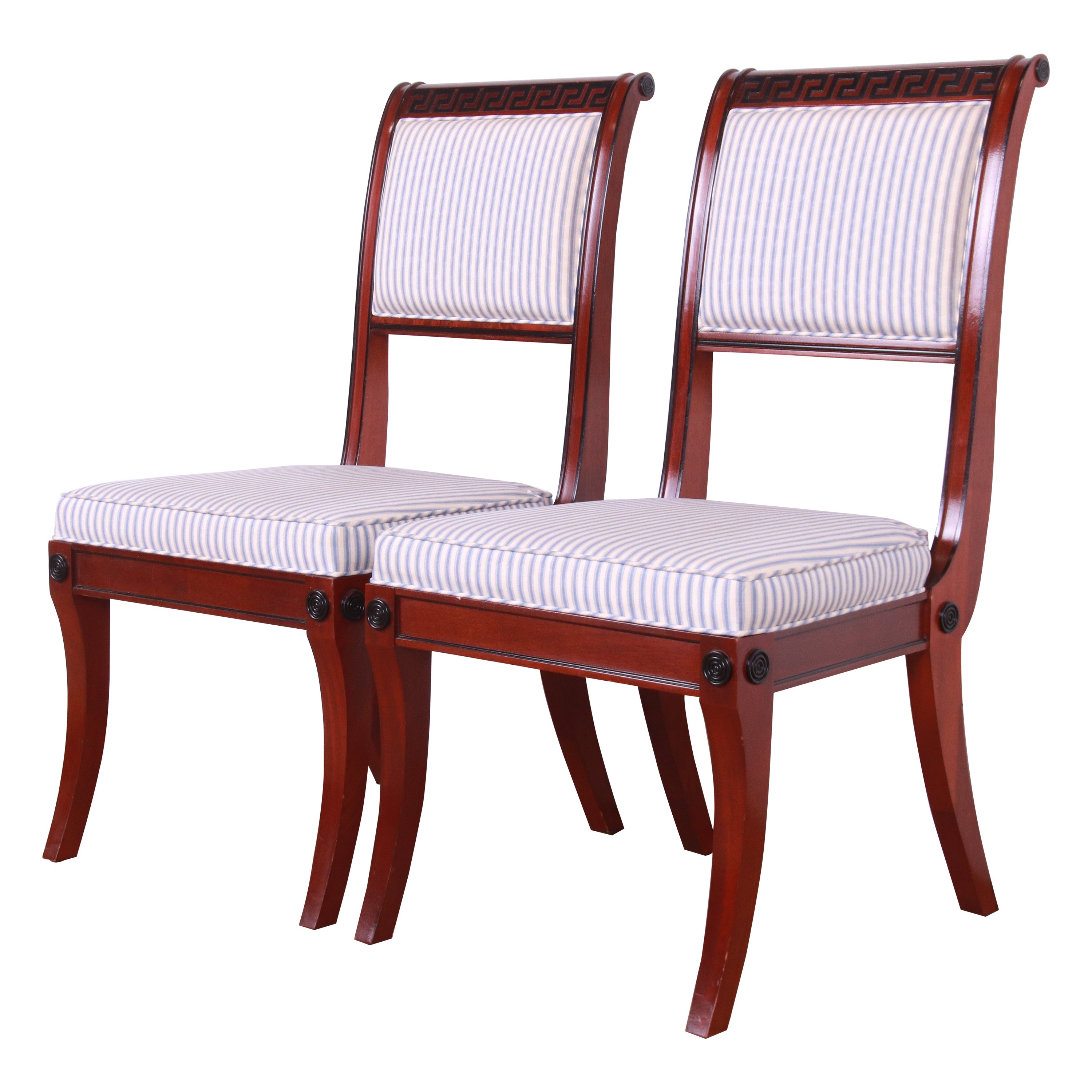 Baker Furniture Regency Mahogany and Ebonized Greek Key Side Chairs, Pair