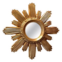 Petite Sunburst Starburst Mirror Wood Stucco, French, France, circa 1960s