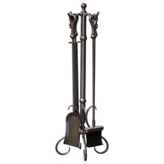 Vintage French Iron Fireplace Four-Piece Tool Set on Stand with Pewter Finish