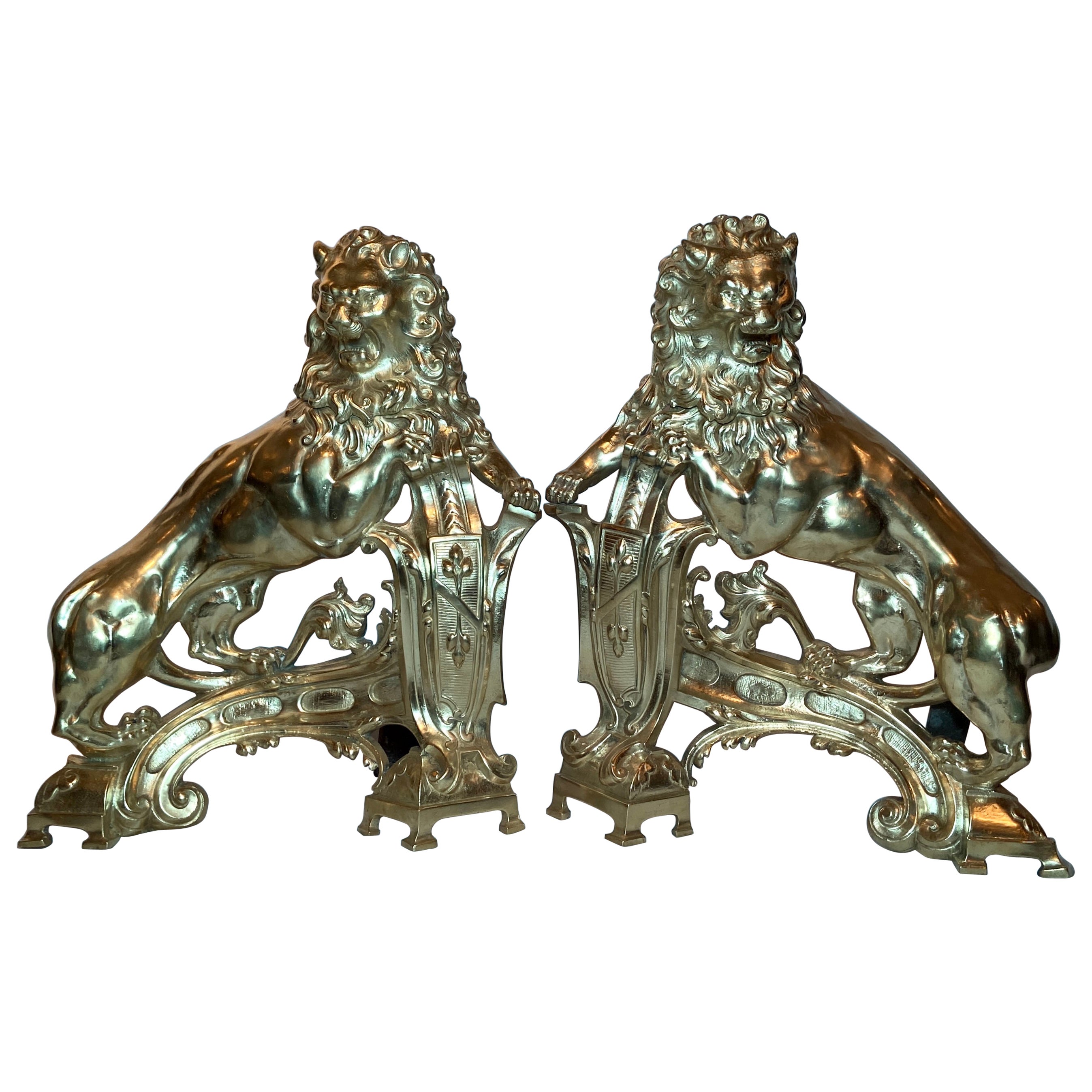 Pair Antique 19th Century French Gold Bronze Figural Lion Andirons