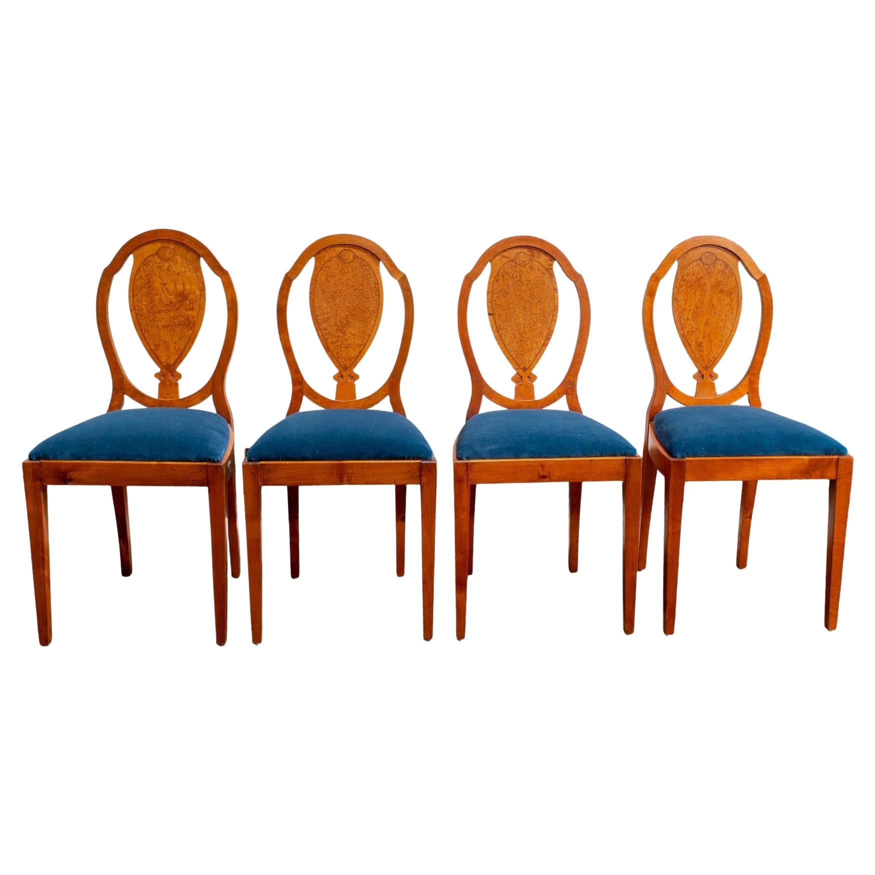 Chaises de salle à manger suédoises vintage en loupe de bouleau dorée, lot de quatre