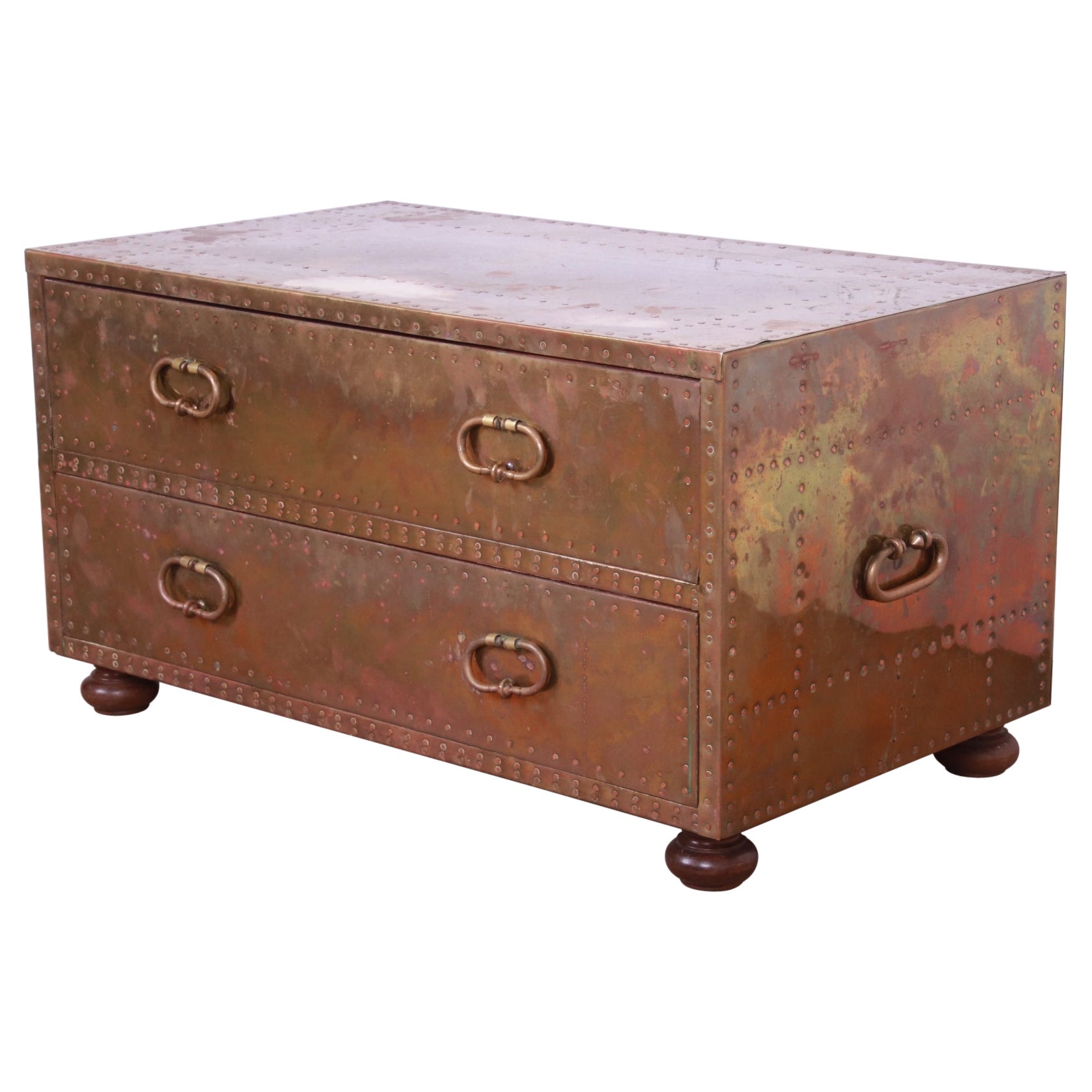 Sarreid Hollywood Regency Campaign Brass Clad Chest of Drawers or Cocktail Table