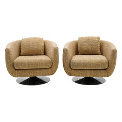 Pair Rounded Back Swivel Lounge Chairs with Cast Aluminum Pedestal Bases