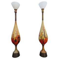 Magnificent Pair of XL Brutalist Textured Ceramic Lamps Mid-Century Modern