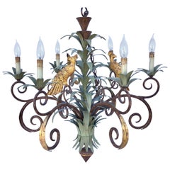 Large Palm Leaf and Parrot Tole Chandelier