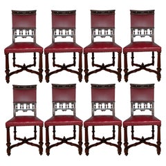 Set of 8 Antique French Walnut Dining Chairs, Red Leather Upholstery, Circa 1880