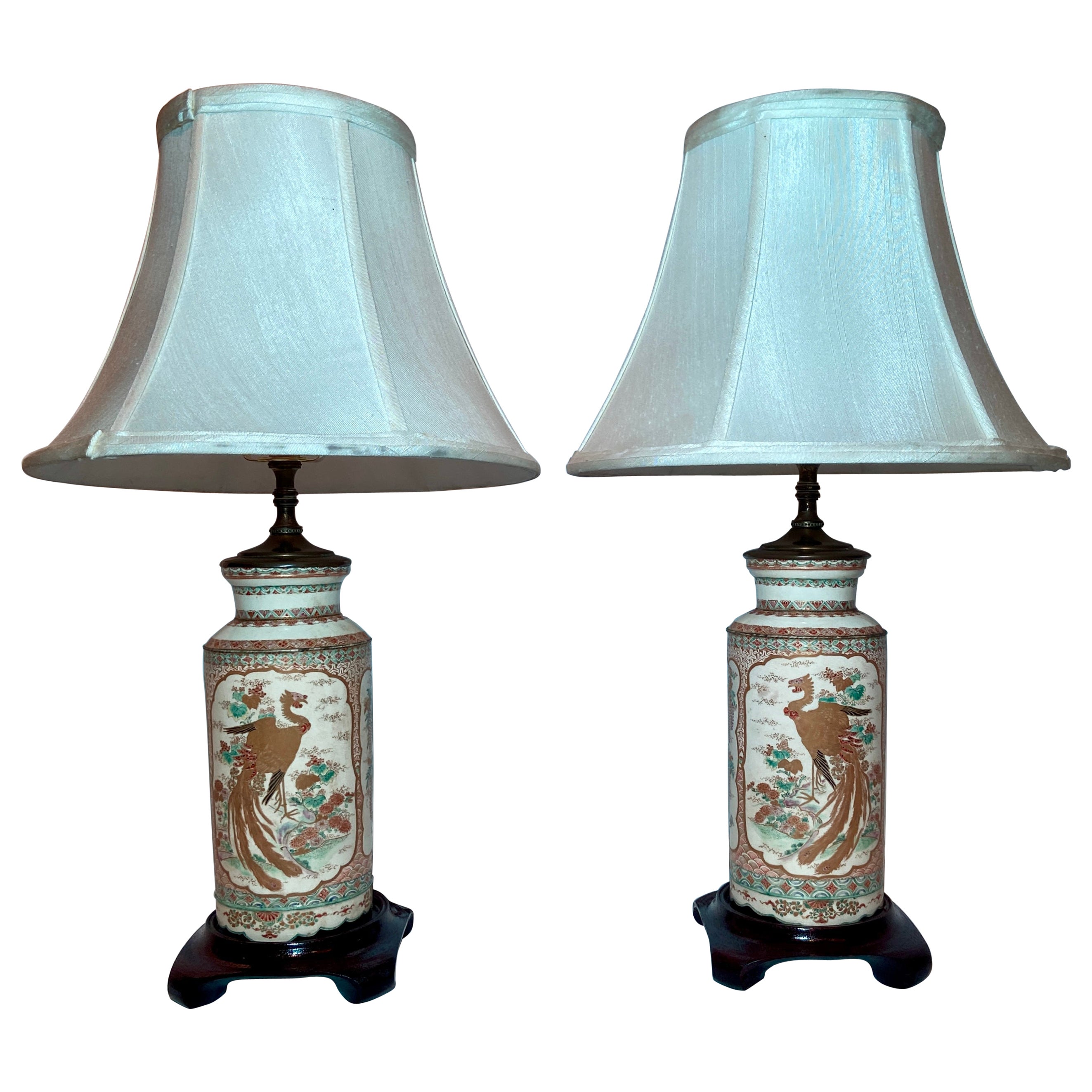 Pair Antique Japanese Satsuma Porcelain Lamps, Circa 1890-1910 For Sale