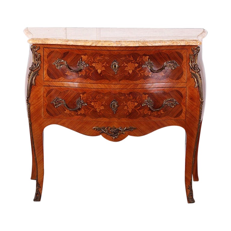 French Inlaid Marquetry Kingwood Bombe Commode with Marble Top