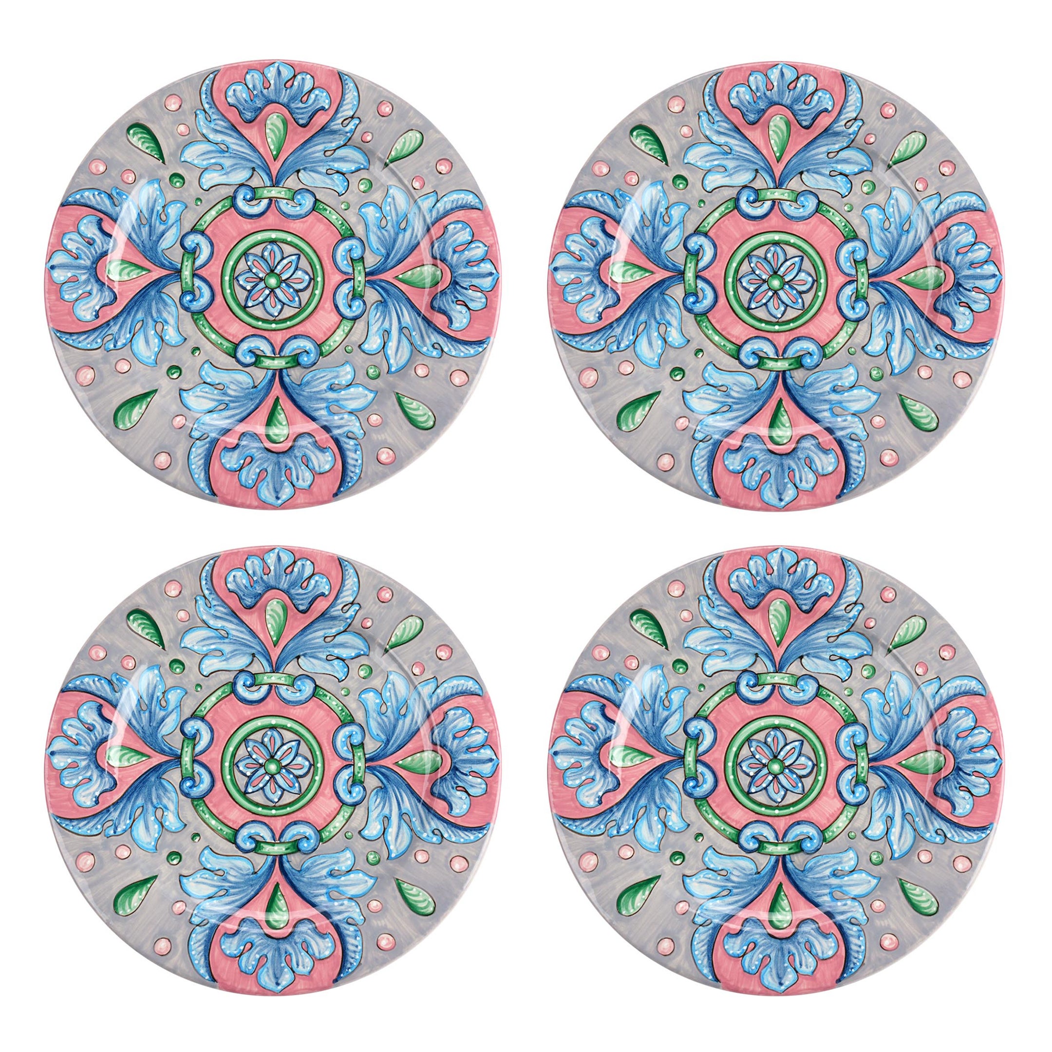 Dinner Plates Set Four Charger Plate Table Serving Majolica Ceramic Blue Pink