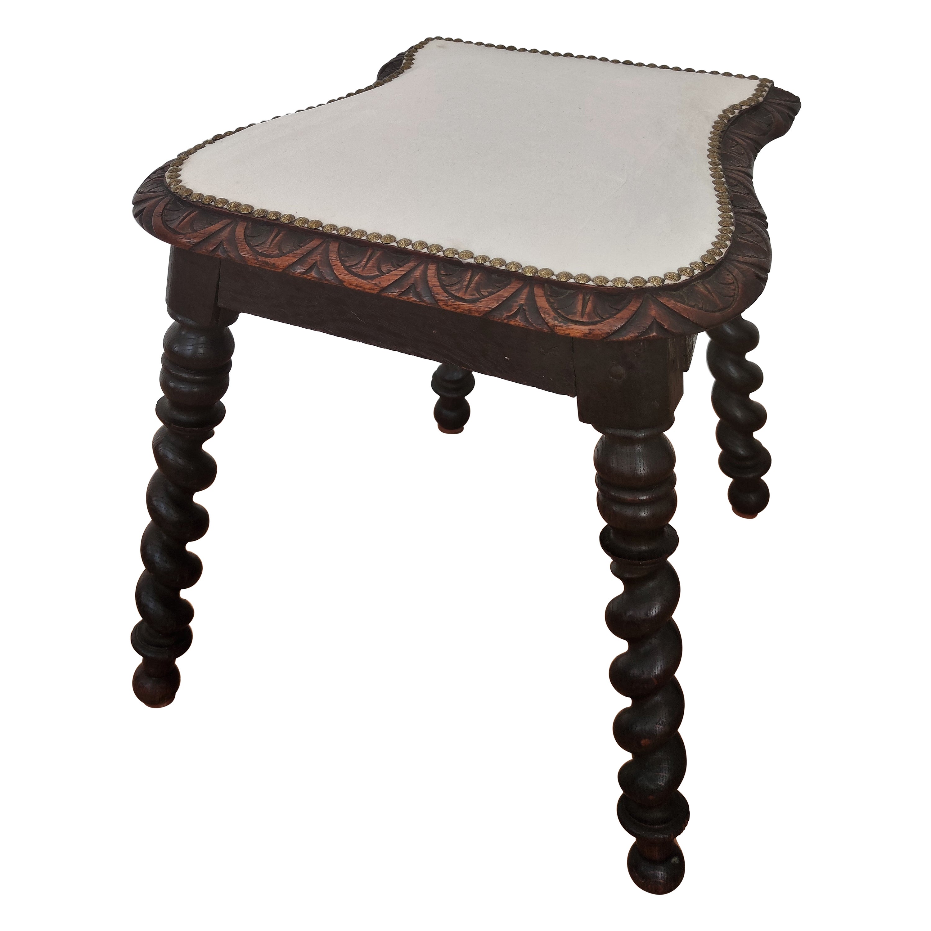 Antique Needlepoint Re-upholstered Carved Beveled Top Barley Twist Legs Stool For Sale