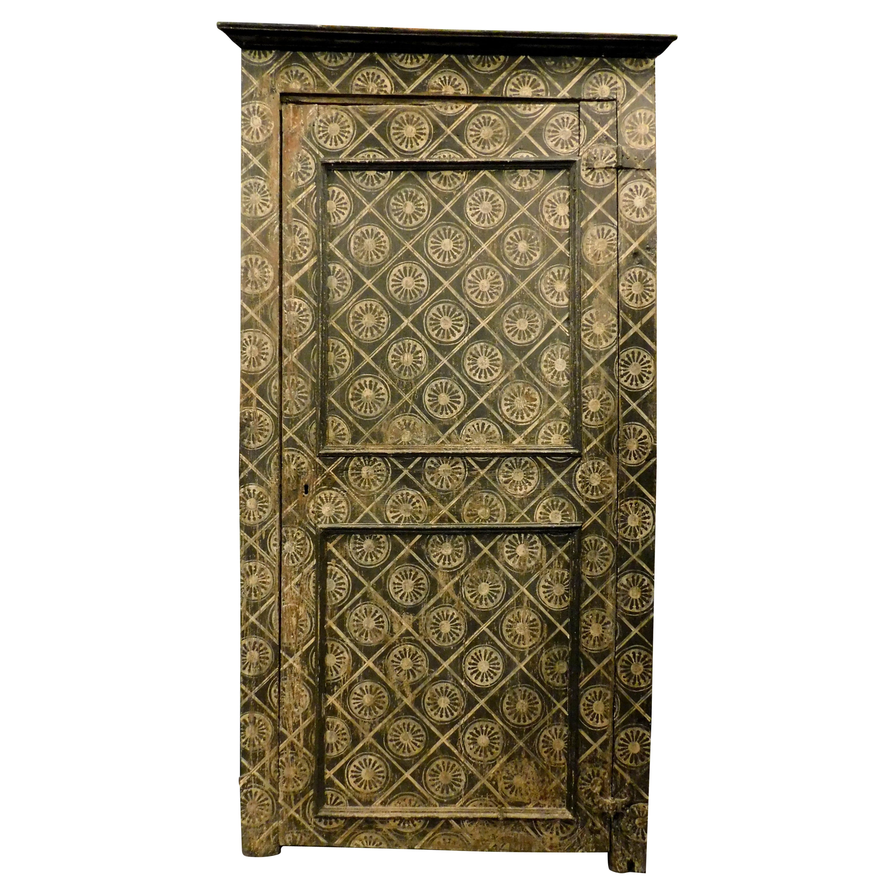 Antique Placard, Wall Cabinet or Small Door, Lacquered with Tapestry, '700 Italy