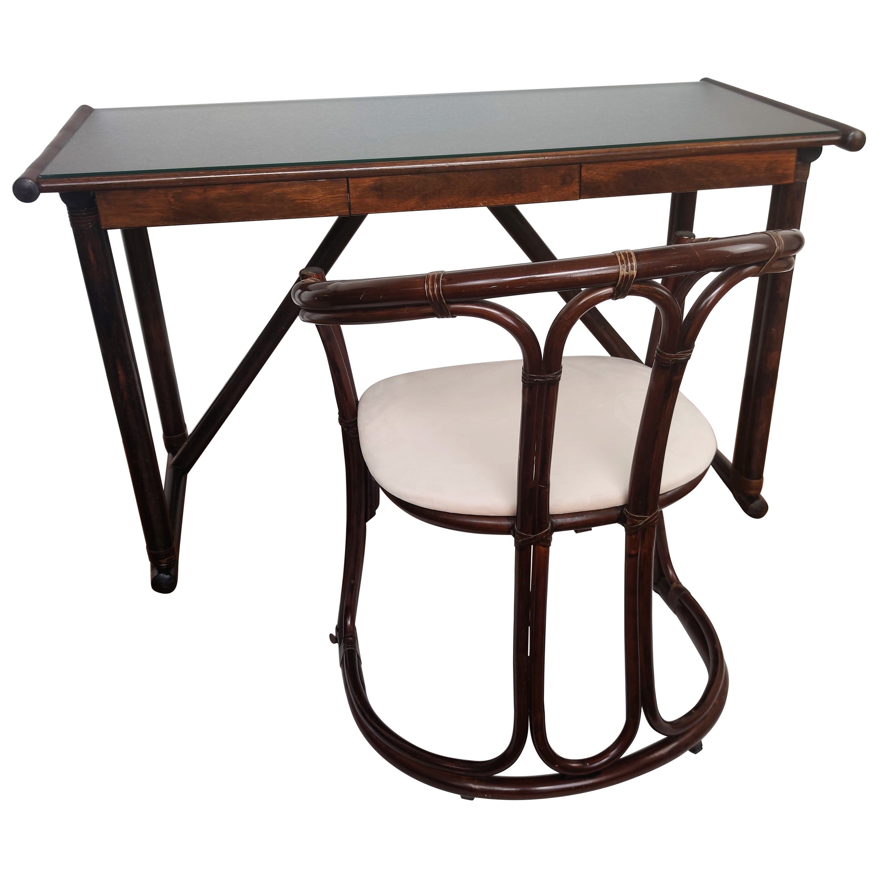 1950s Italian Mid-Century Modern Faux Bamboo Wooden Desk Writing Table and Chair (Bureau et chaise en bois) en vente
