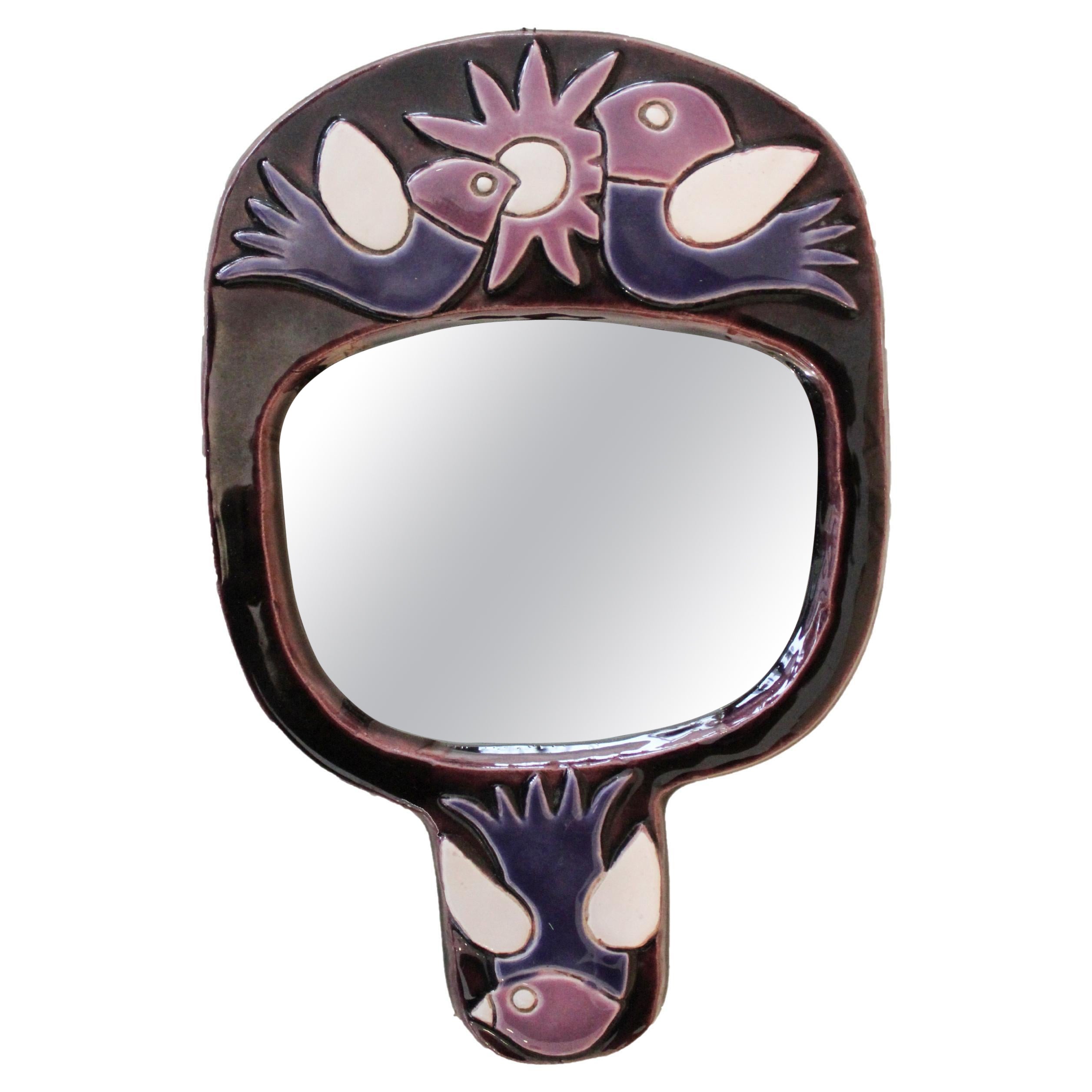 Mithé Espelt Ceramic Hand Mirror, circa 1960, France