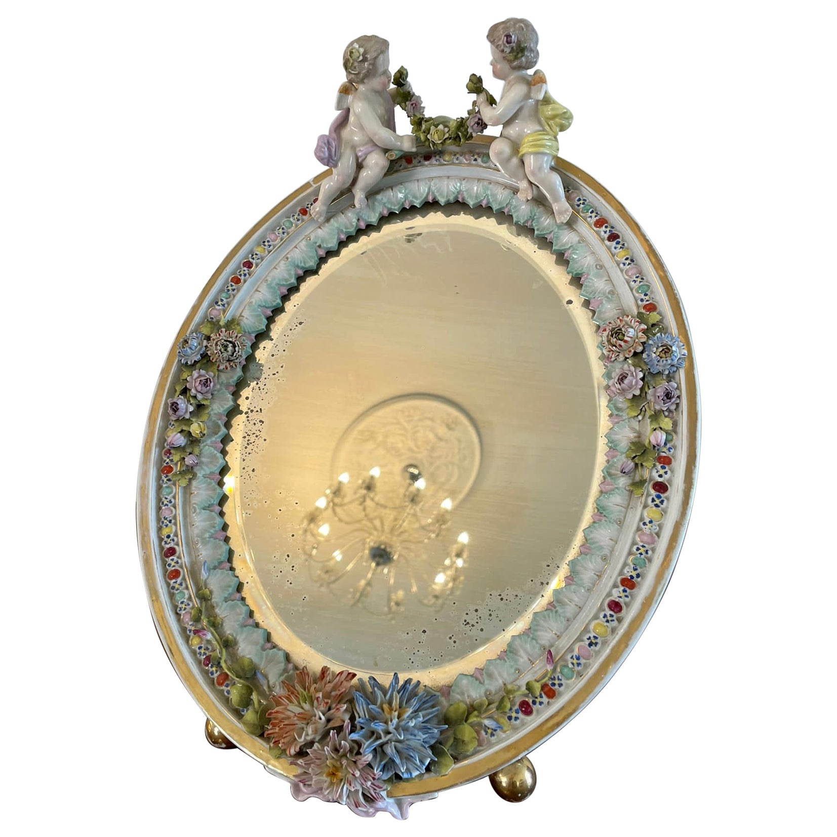 Grand miroir chevalet ancien en porcelaine continentale en vente