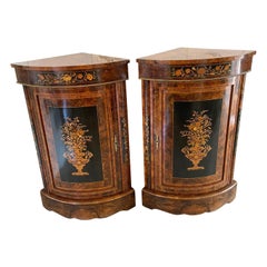 Fine Pair of Antique Quality Burr Walnut Marquetry Inlaid Corner Cabinets