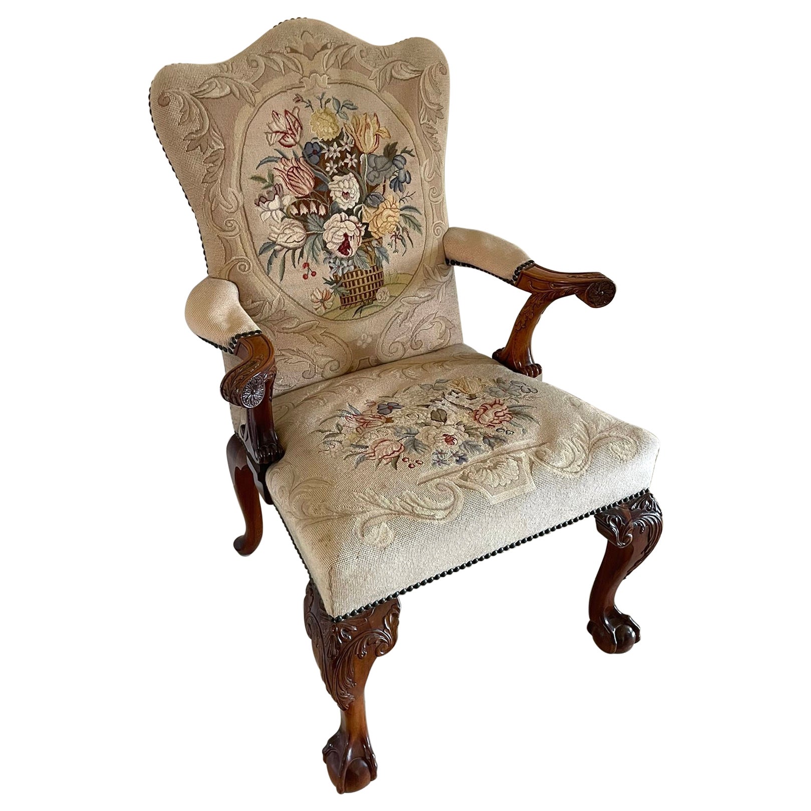 Outstanding Quality Antique Carved Mahogany Library Chair For Sale