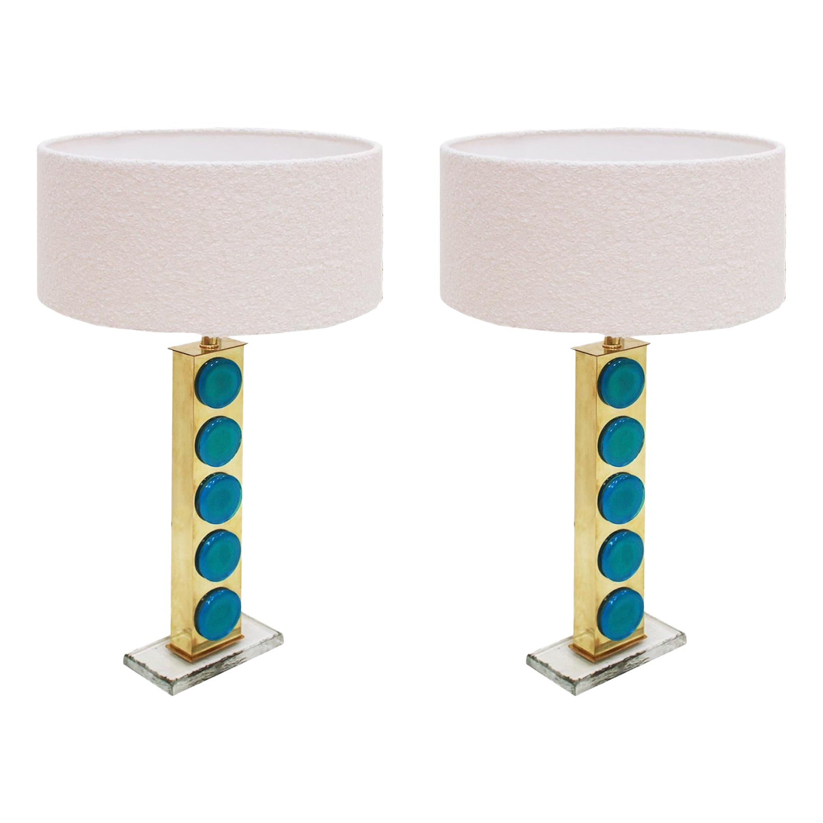 Mid-Century Modern Style Light Blue Murano Glass and Brass Pair of Table Lamps For Sale