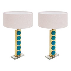 Mid-Century Modern Style Light Blue Murano Glass and Brass Pair of Table Lamps