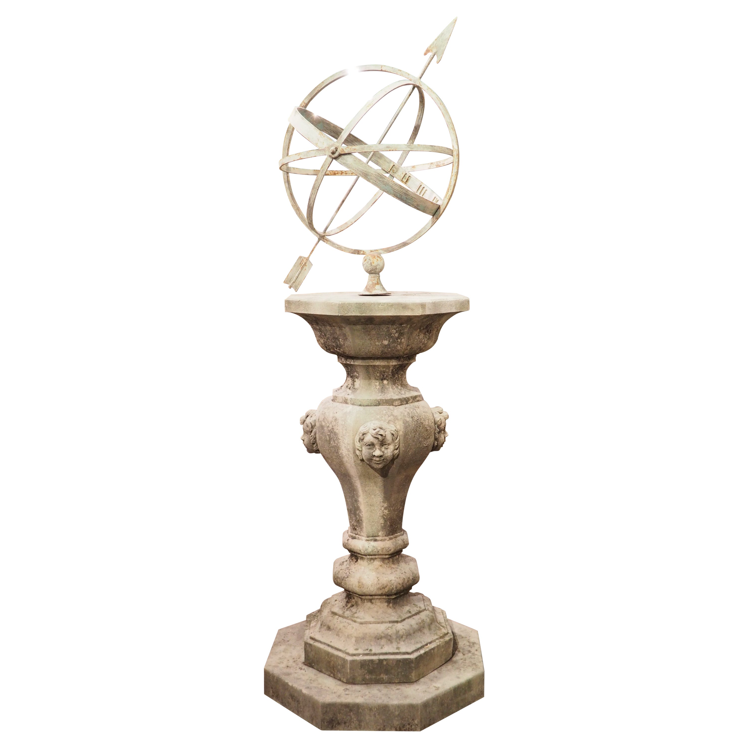 Italian Limestone Armillary Sundial with Putti Mascarons and Octagonal Step