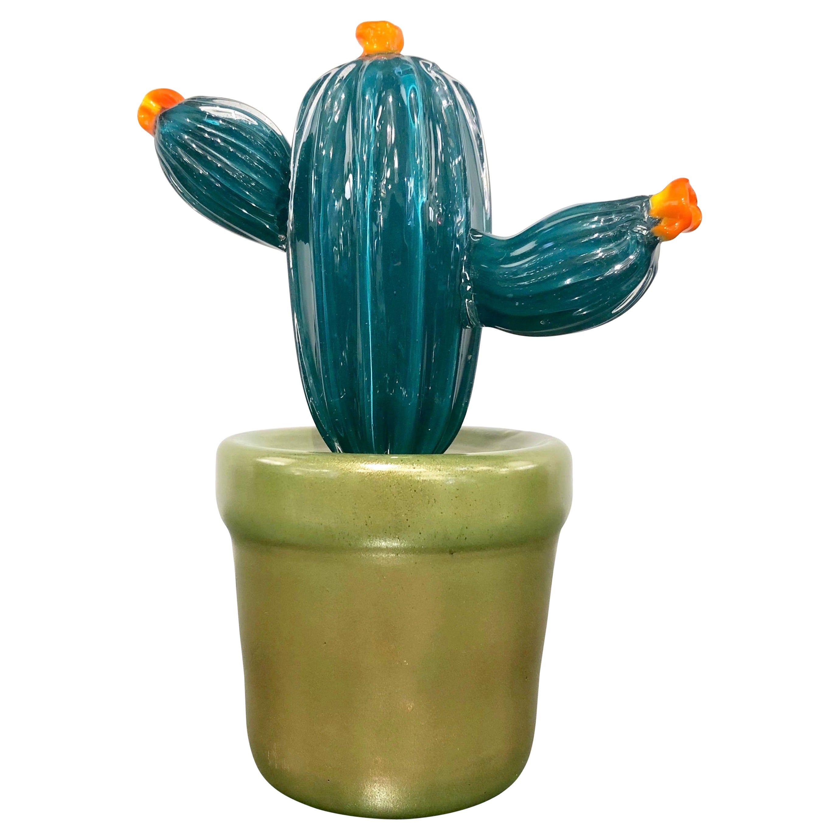2000s Italian Teal Green Gold Murano Art Glass Cactus Plant with Orange Flowers For Sale