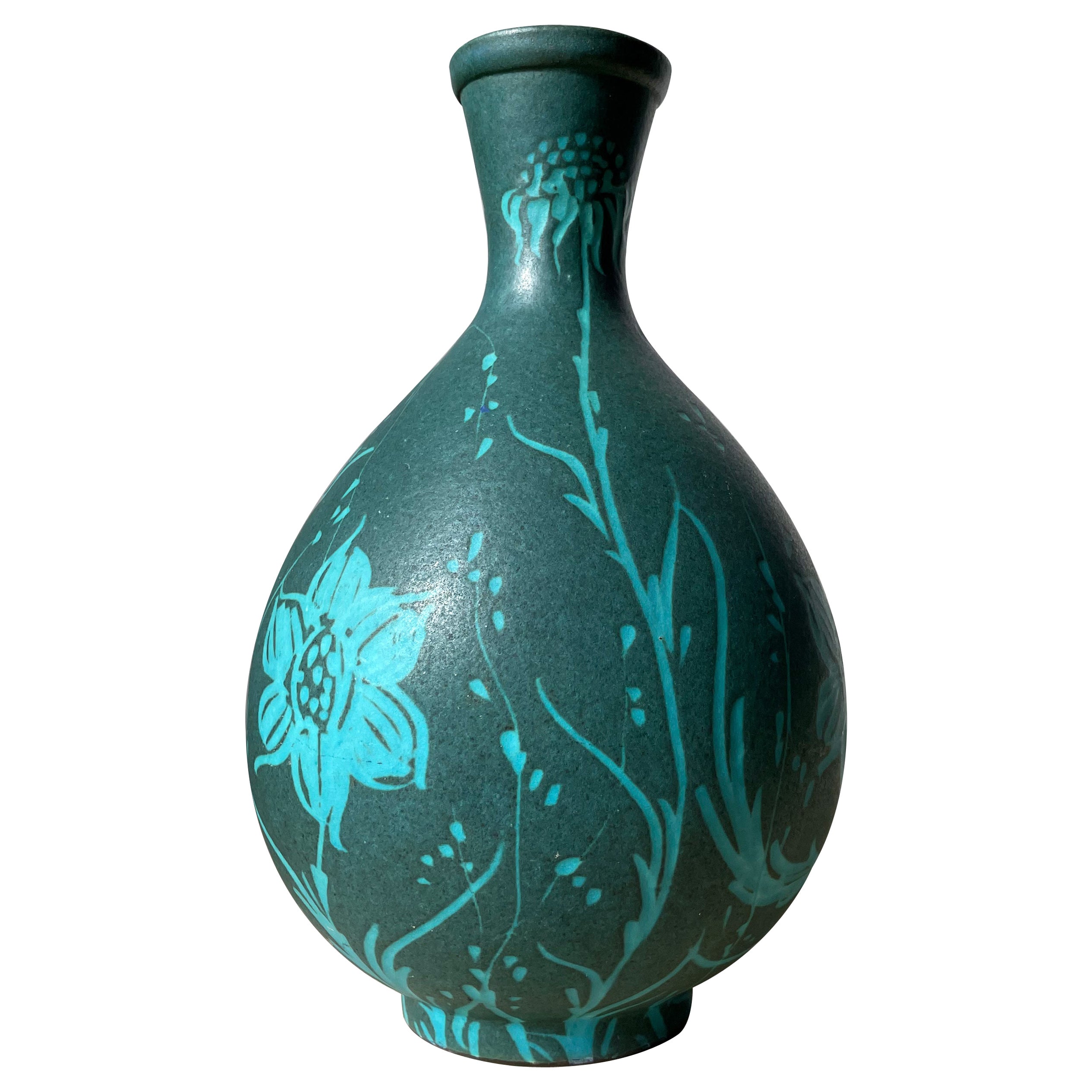Italian 1950s Floral Sea Green Ceramic Vase For Sale