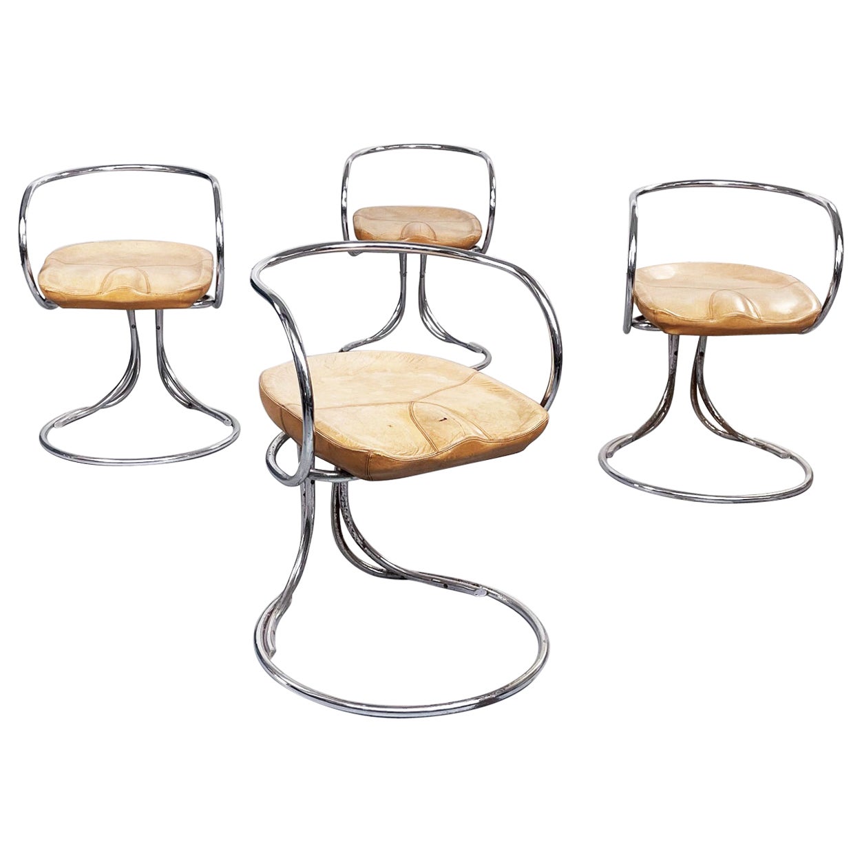 Italian MidCentury Brown Leather Steel Chairs by Tatlin Nikol International 1950 For Sale