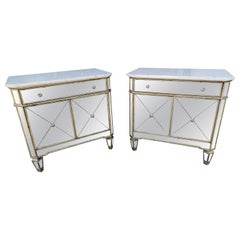 Pair of Hollywood Regency Mirrored Night Tables & Carrara Marble Tops