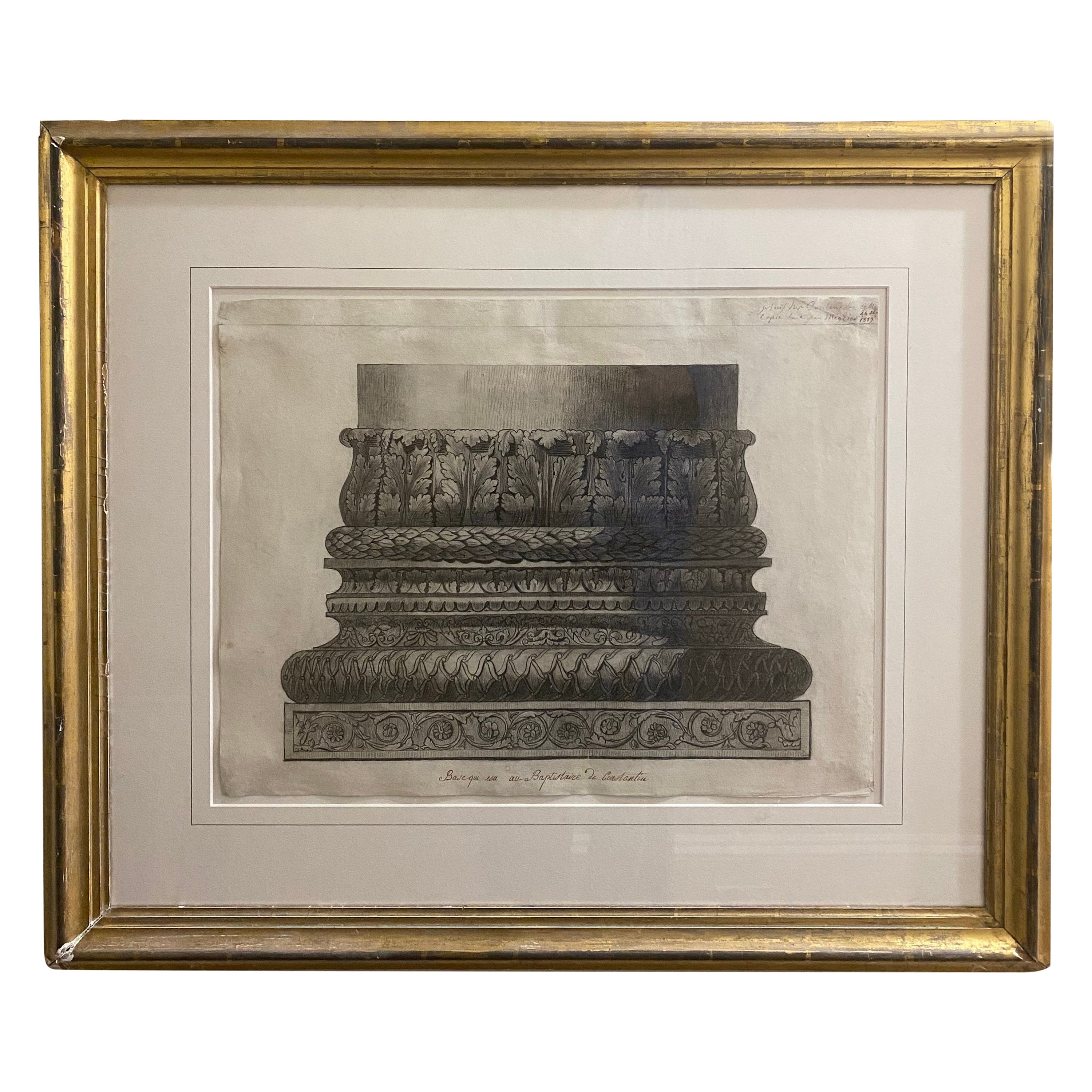 Detailed Drawing of Column Base from Constantine Baptistry, Early 19th Century For Sale