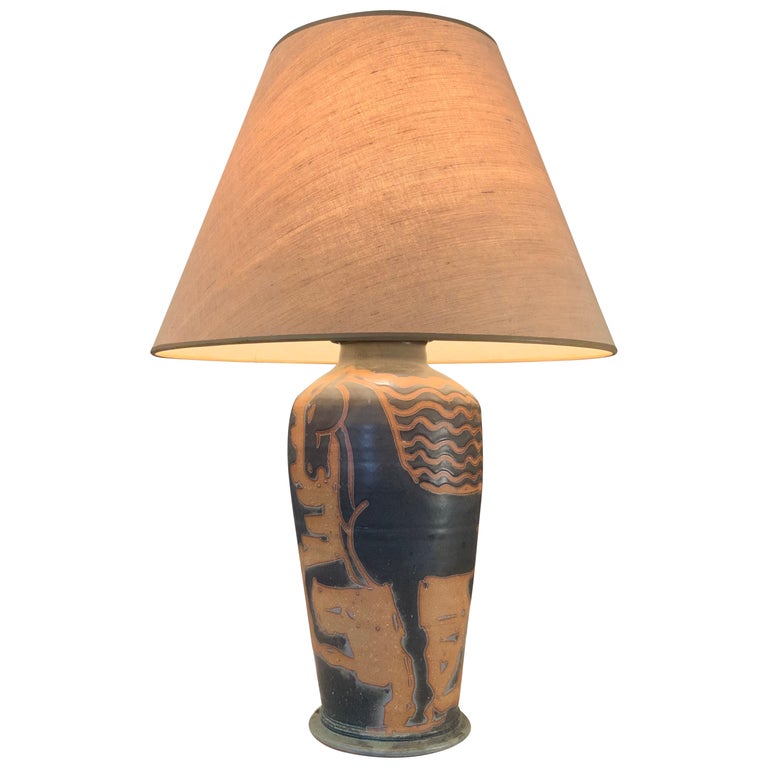 Large Glazed Pottery Lamp with Horse Motif at 1stDibs