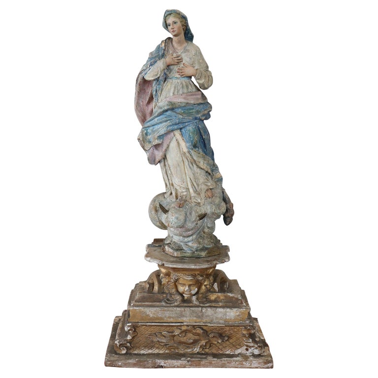 19th Century Antique Virgin Mary Sculpture in Hand Carved Wood For Sale ...