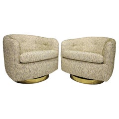 Milo Baughman Tilt/Swivel Lounge Chairs in Off-White Boucle with Green and Brown