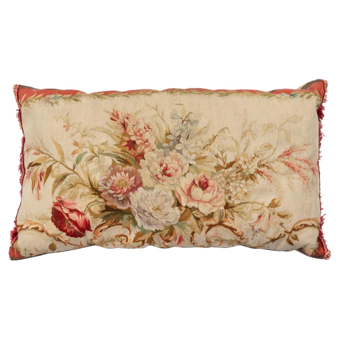 Antique 19th Century French Aubusson Tapestry Lumbar Pillow with Flowers