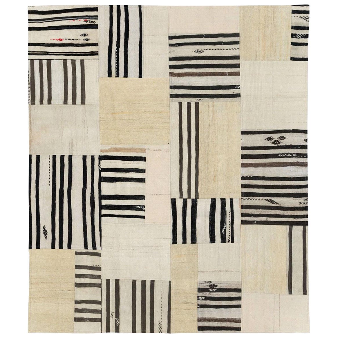Contemporary Turkish Patchwork Style Flatweave Accent Rug in Cream & Black For Sale
