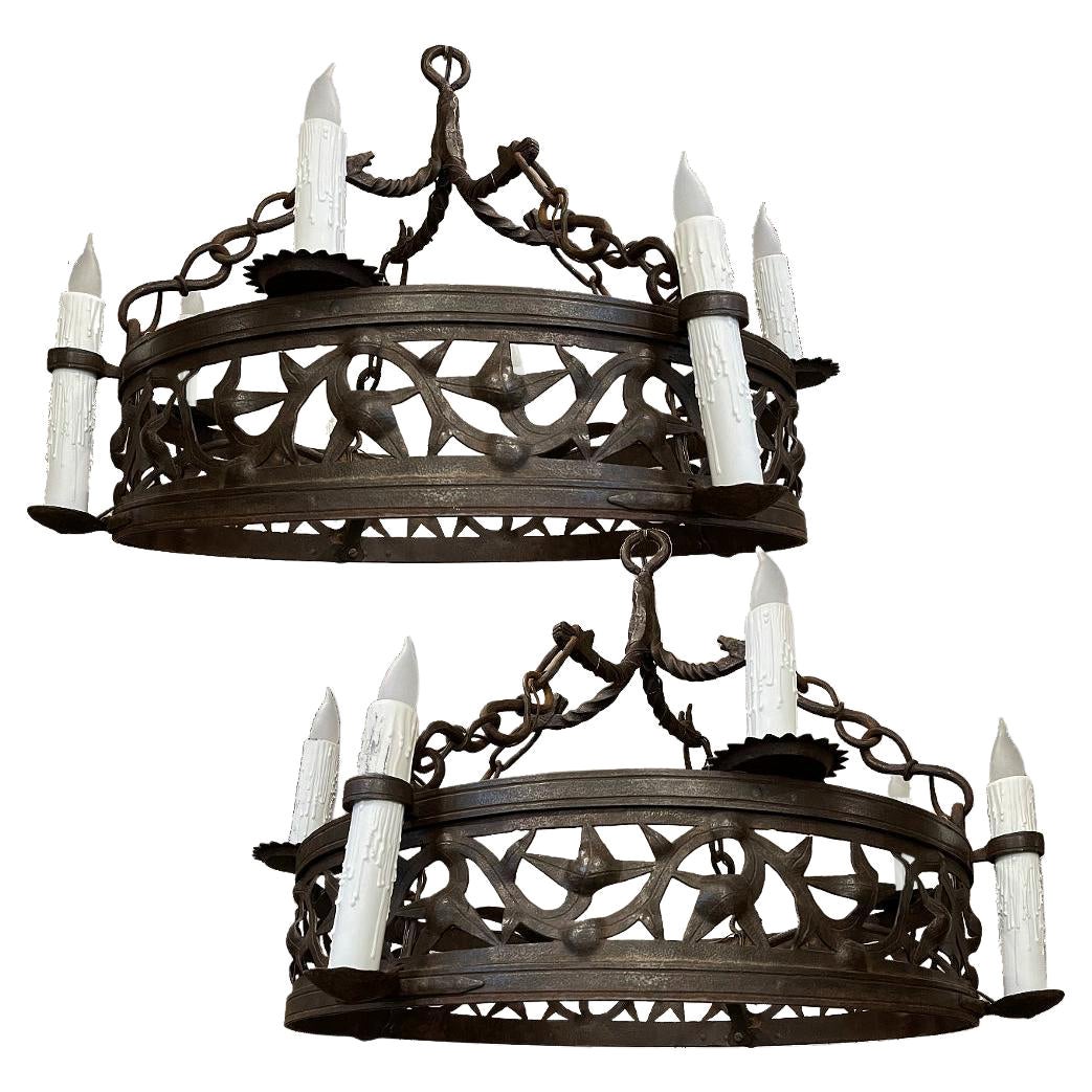 Pair 19th Century Country French Wrought Iron Chandeliers For Sale