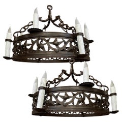 Antique Pair 19th Century Country French Wrought Iron Chandeliers
