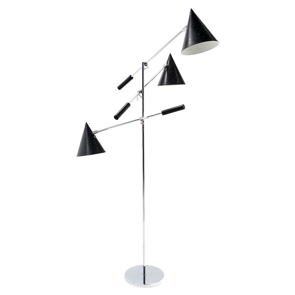 Italian Triennale Three Arm Floor Lamp. Black Perforated Shades and Chrome
