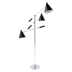 Italian Triennale Three Arm Floor Lamp. Black Perforated Shades and Chrome