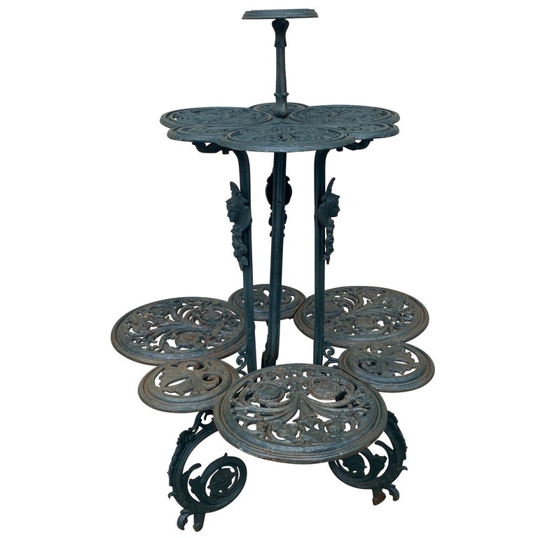 Antique Victorian Style Tiered Cast Iron Garden Plant Stand For Sale at