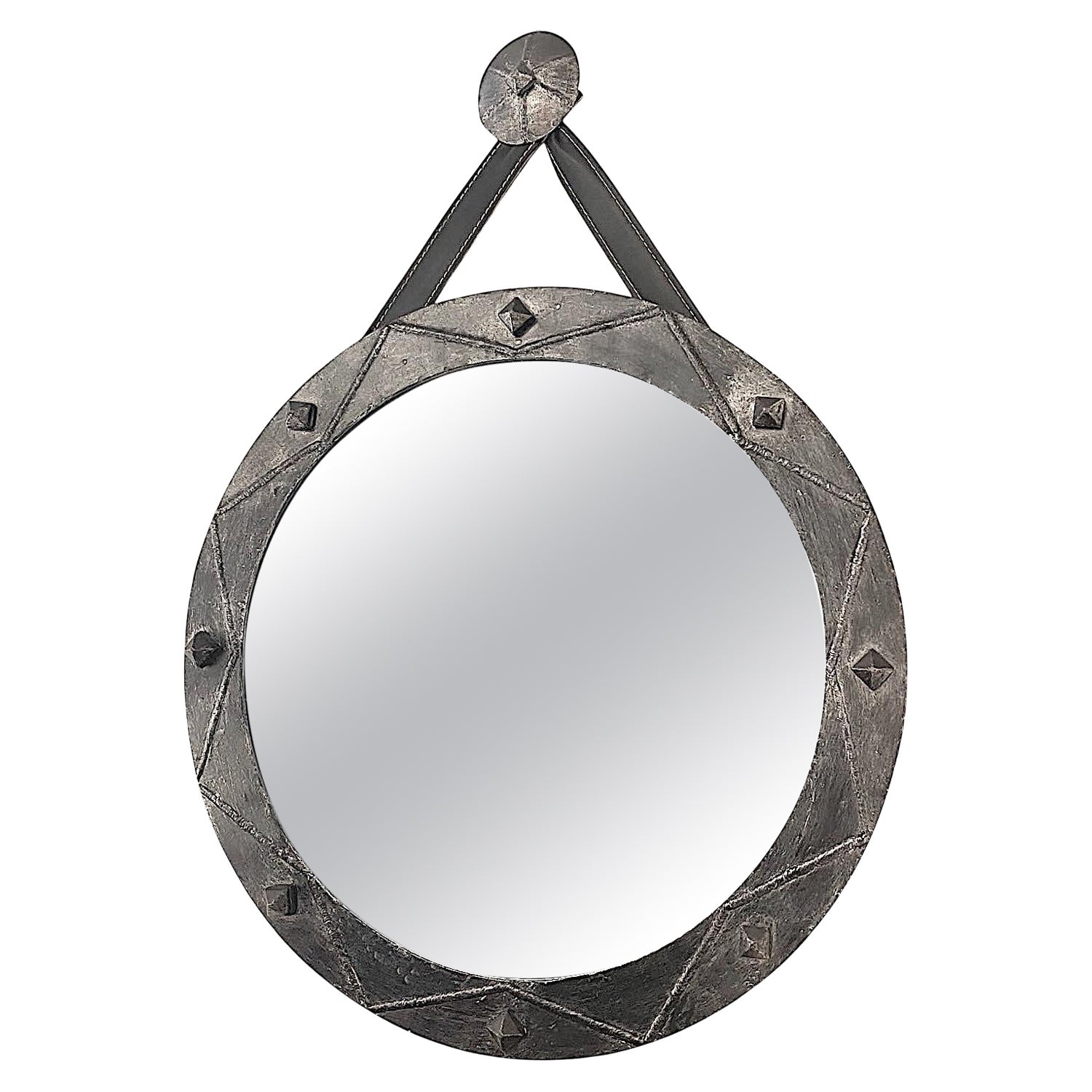 Steel Framed Mirror with Faux Leather Strap, Spain, 1950s