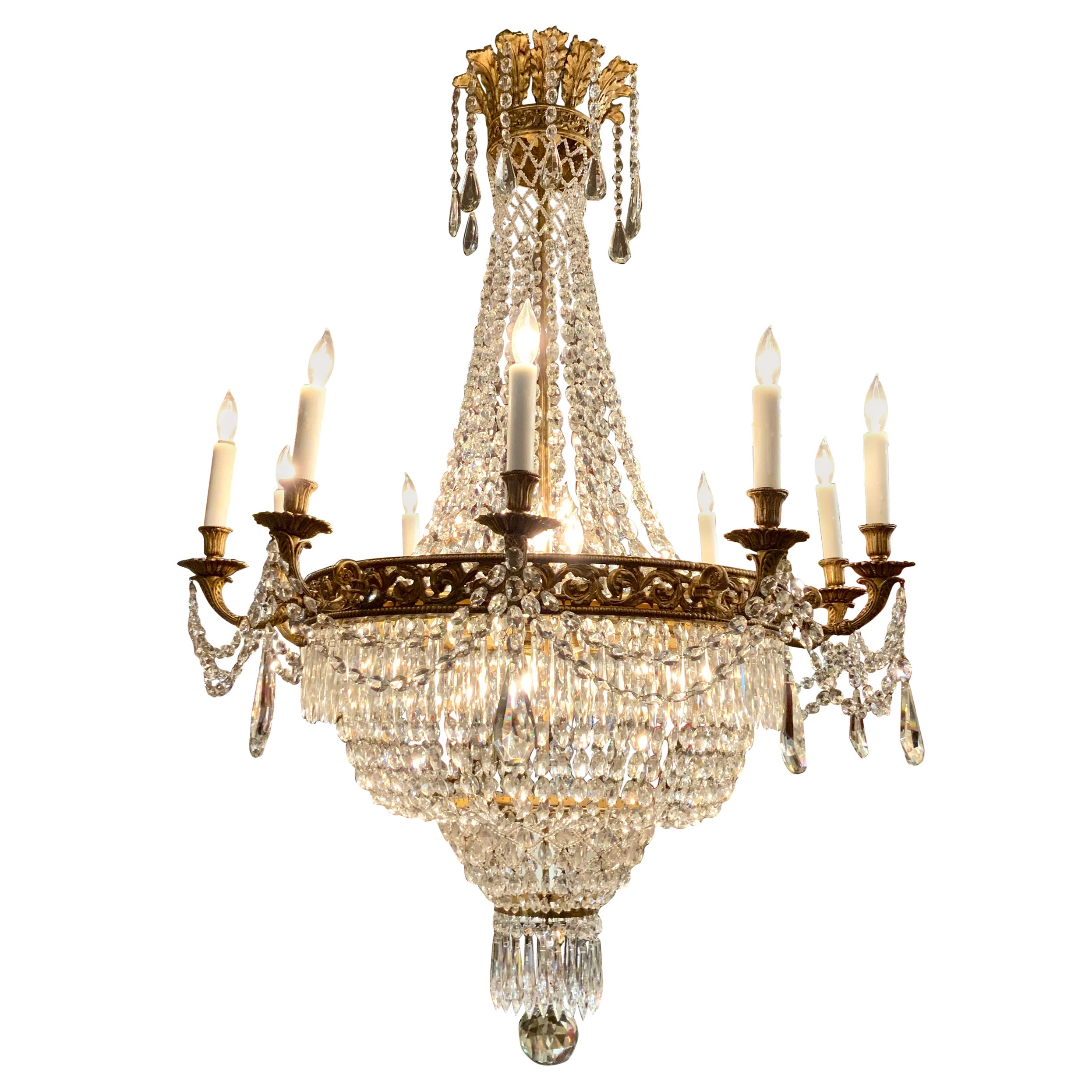 French Empire Style Chandelier, Bronze Dore and Crystal with 13 Lights